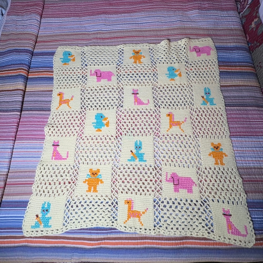 Vintage Handmade Crochet Baby Blanket Yellow Animal Cross Stitch Afghan Nursery